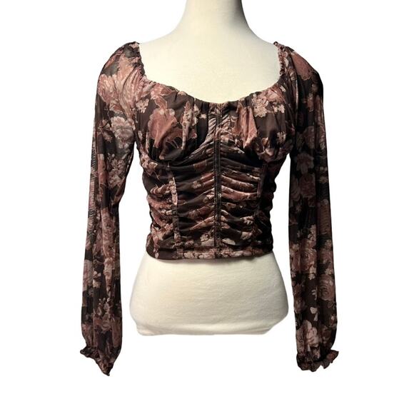 Dylan Ryan Blouse Top Women M Brown Ruched Bustier Sheer Floral Fairy - Picture 3 of 14